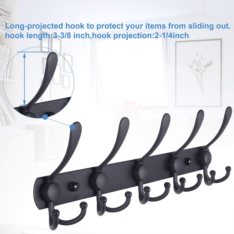 WEBI Coat Rack Wall Mount,5 Tri Hooks for Hanging,Coat Hooks Wall Mount,Hook Rack Rail,Coat Hanger Wall for Jacket,Clothes,Hats,Black,2 Packs - Image 4